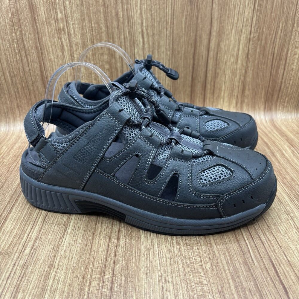 Orthofeet Alpine Men Size 8.5 2E Fisherman Sandals Shoes Black Gray Leather 598‎